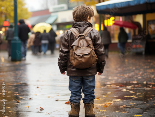 Back view of a boy with a backpack walking in the city on an autumn day. Generative AI