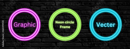 Neon circle Frame. Set of round neon Border with double outline. Geometric shape, with the color green, blue, pink with the dark grey brick background. photo