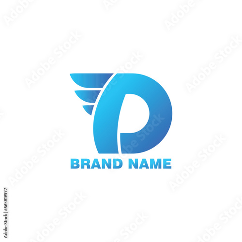 Letter D blue logo design with wing to represent speed, fast, flight, air isolated on white background