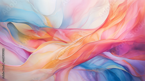 Bright dreamy pastel flowing modern waves. Blue, pink, yellow watercolor wavy folds. Abstract luxury silk wave drapes background. Three-dimensional waves material backdrop, copy space