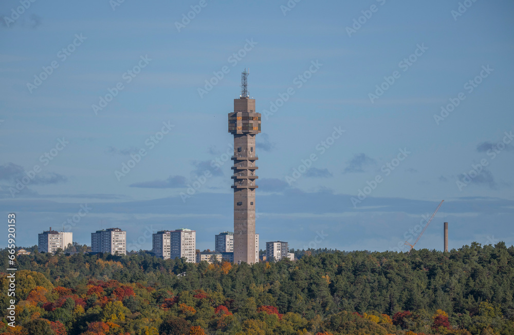 Tele tower in a colorful autumn forest and skyscraper apartment houses in background, a sunny autumn day in Stockholm