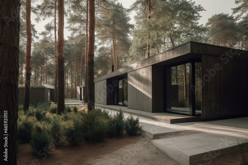 Sustainable shipping container transformed into a modern and minimalist restaurant, office or house amidst a pine tree forest. Generative AI © Leila