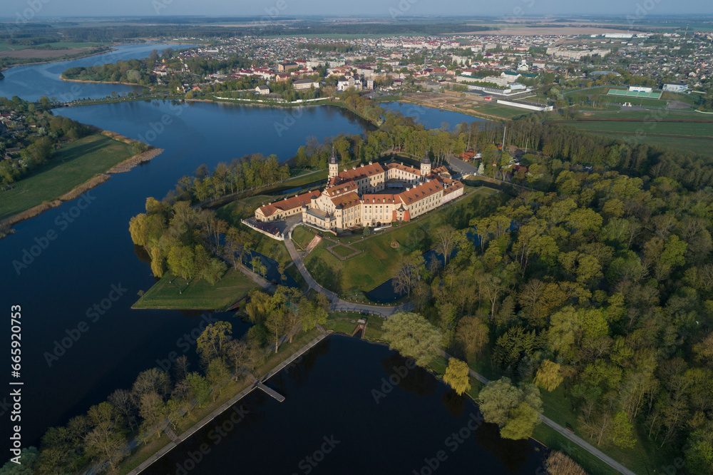 Ancient Nesvizh castle in the May aerial landscape. Belarus