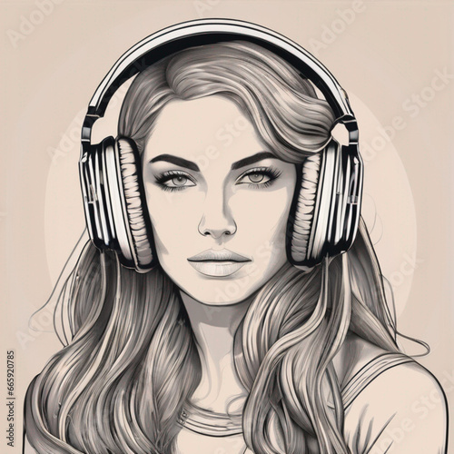 Young girl in headphones, light background. AI generated
