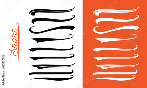 Calligraphic swoosh. Underline, highlighter marker strokes, waves brush marks. calligraphic swoosh tail set collection. Vector baseball & football swooshes, vintage sports logo graphics 3