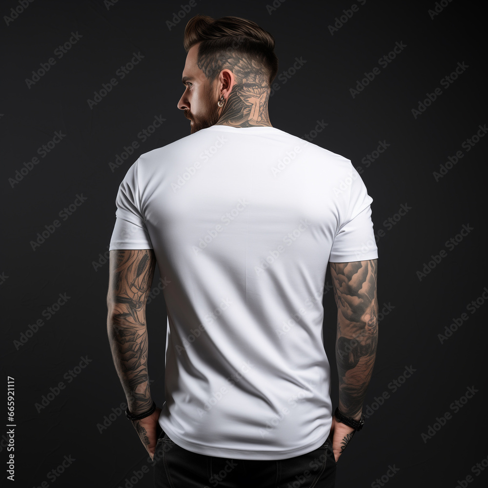 Young Model Shirt Mockup,Cool men model as mockup from behind in White round neck shirt loose cut,tattoo on arm and stand loose,Shirt Mockup Template on hipster adult for design print Young Model Shirt Mockup,Cool men model as mockup from behind in White round neck shirt loose cut,tattoo on arm and stand loose,Shirt Mockup Template on hipster adult for design print