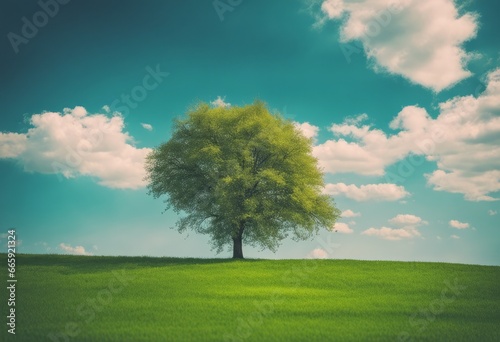 Beautiful bright colorful summer spring landscape with lonely tree on field  fresh green grass on meadow and blue sky with clouds. 