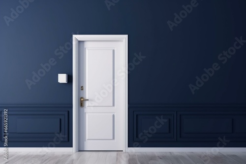 Navy blue wall banner with closed white door. 3D illustration. Generative AI