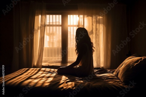 silhouette of woman sitting on the bed beside the windows with sunlight in the morning, dark light photography