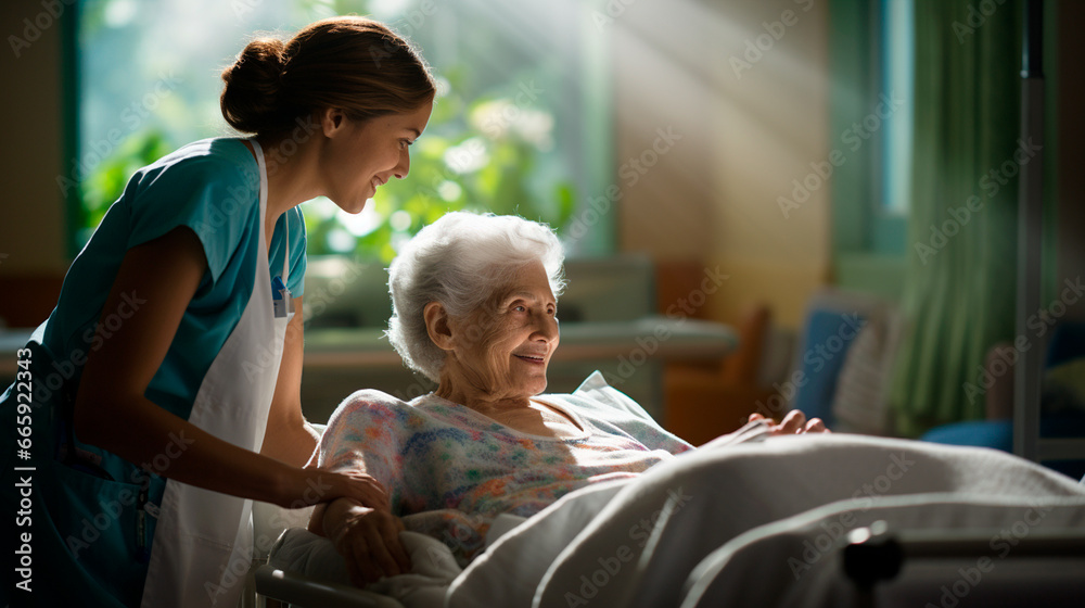 Mujer anciana  y una enfermera en un hospital  - obrazy, fototapety, plakaty 