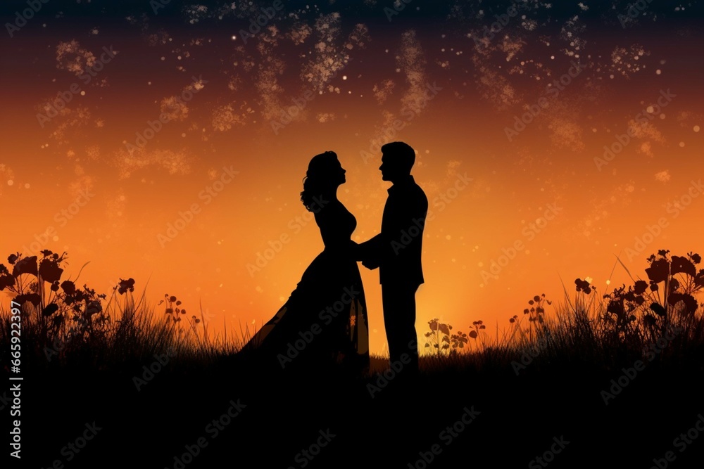 Silhouettes of a wedding couple standing on evening field