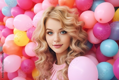 Beautiful young fashion European girl smiling looking on camera balloons background