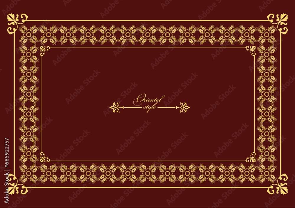 Gold ornament on dark background with wedding couple image.