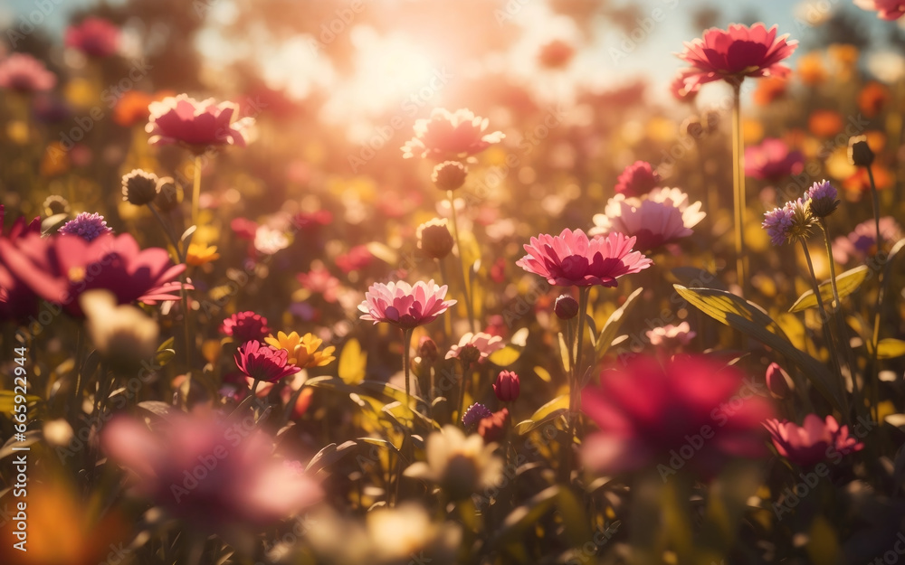 Flower field in sunlight, spring, or summer garden background in closeup macro. Flowers meadow field by AI generative