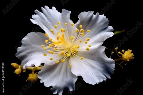 A white flower with yellow stamens on a black background. Generative AI