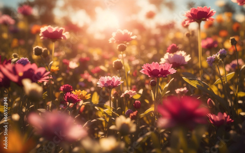 Flower field in sunlight, spring, or summer garden background in closeup macro. Flowers meadow field by AI generative