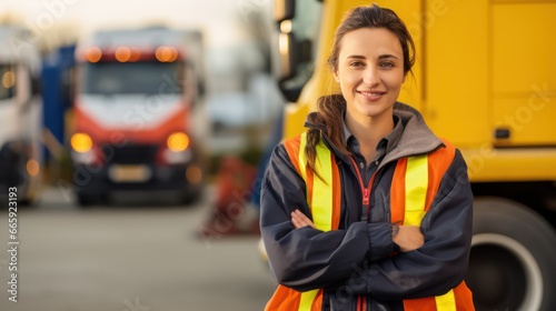 Confident female truck driver standing in front of the truck 