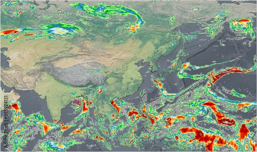 El mapa meteorológico muestra intensas precipitaciones en Asia, destacando los importantes patrones de lluvia de la región.