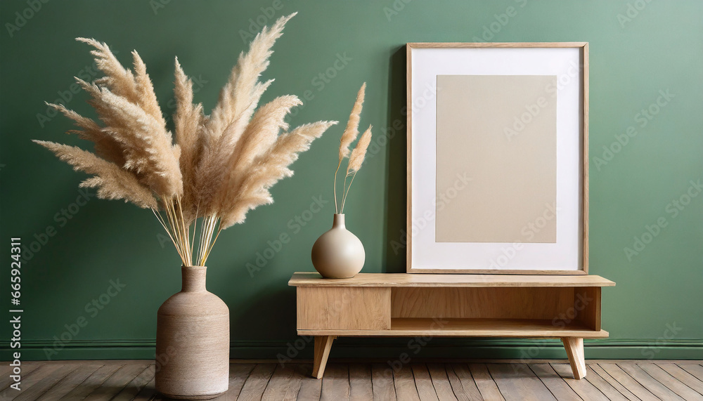 Wood side table, vase with pampas grass twigs near blank mockup poster frame with copy space against green wall. Scandinavian home interior design of modern living room Wood side table, vase with pampas grass twigs near blank mockup poster frame with copy space against green wall. Scandinavian home interior design of modern living room