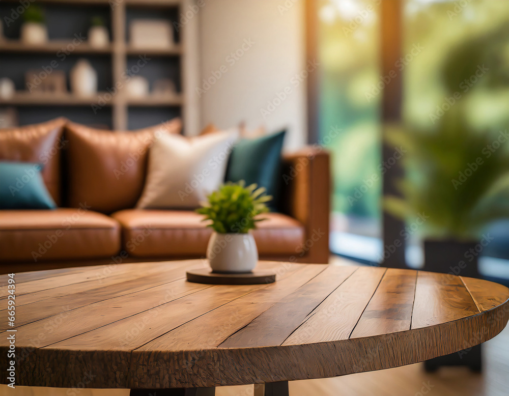 Wood table top on blur living room have leather sofa and decoration minimal. Wood table top on blur living room have leather sofa and decoration minimal.