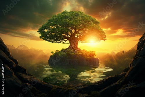 Environmental symbolism with growing tree, sunrise, and a lush green world. Generative AI