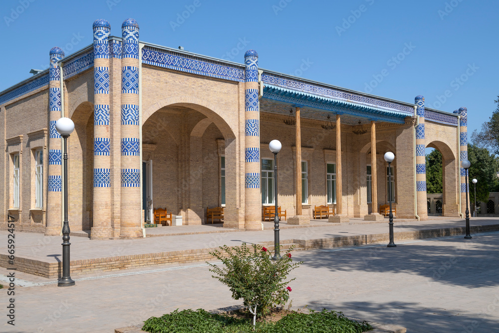 Facade of the building of the ancient reception room of Asfandier Khan in the Nurullaba Palace. Khiva, Uzbekistan