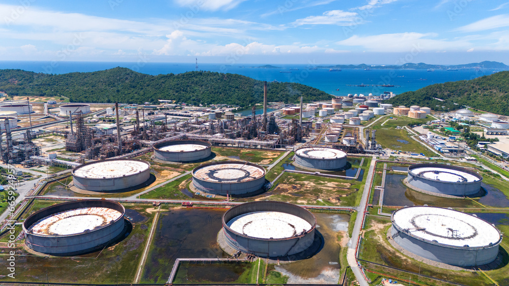 Aerial  view Industry Oil refinery oil and gas refinery background, Business petrochemical industrial, Refinery oil and gas factory power and fuel energy, Ecosystem estates. Fuel refinery industry 