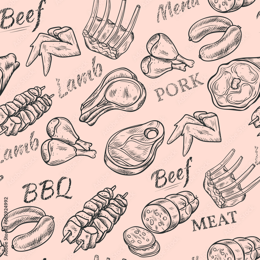 Seamless pattern .Beef and pork steaks with or without bone, barbecue sausages and ribs, chicken, kebab, meat collection, delicate pink background, illustration, vector. Advertising, sign, menu.