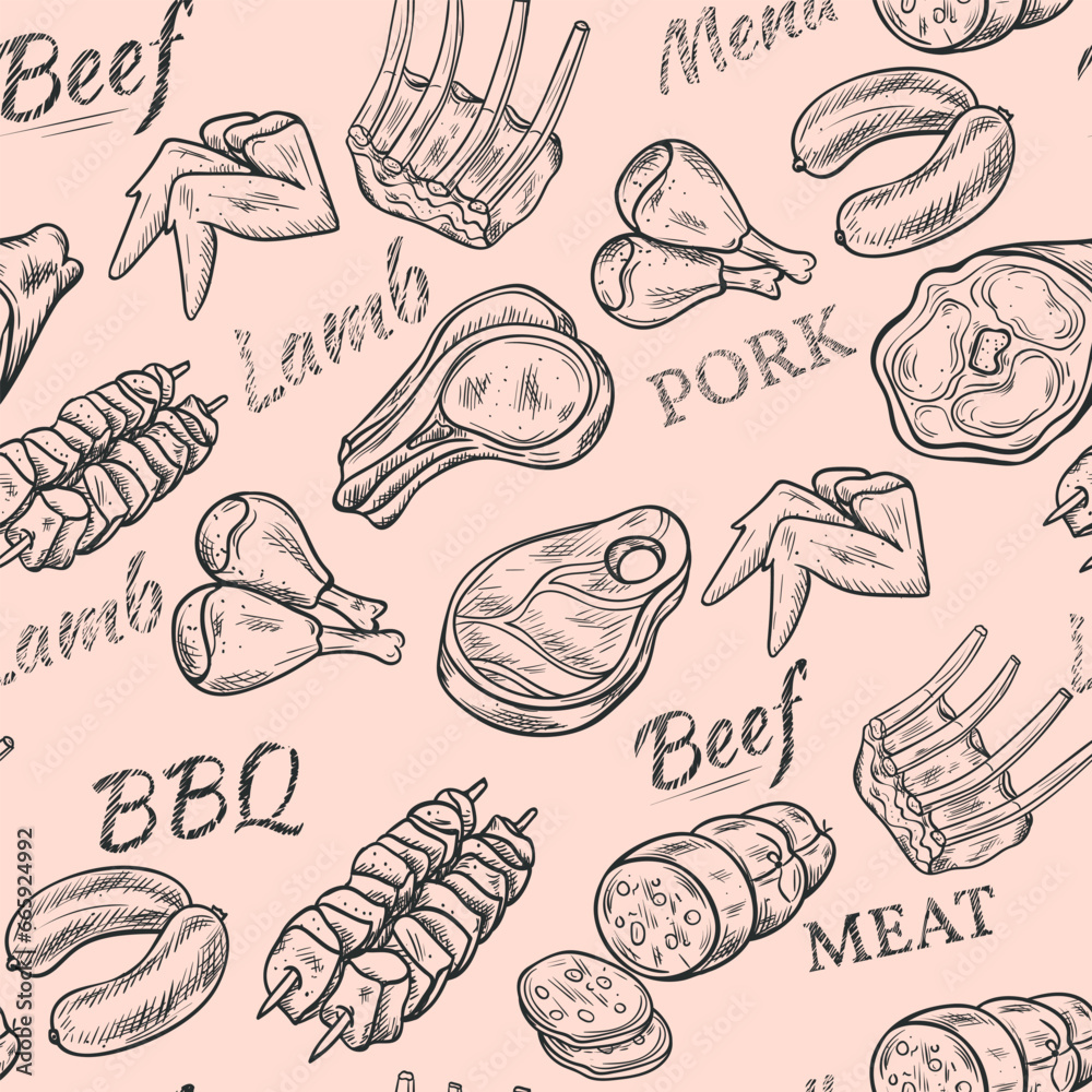 Seamless pattern .Beef and pork steaks with or without bone, barbecue sausages and ribs, chicken, kebab, meat collection, delicate pink background, illustration, vector. Advertising, sign, menu. Seamless pattern .Beef and pork steaks with or without bone, barbecue sausages and ribs, chicken, kebab, meat collection, delicate pink background, illustration, vector. Advertising, sign, menu.