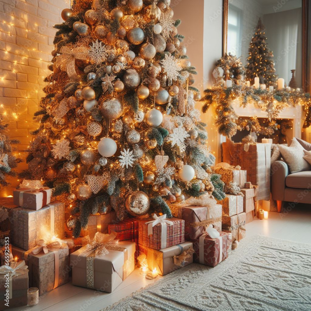 christmas tree with candles, christmas tree with gifts, christmas table setting