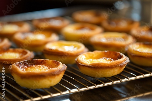 Freshly baked and cooling Portuguese custard tarts on a rack. Generative AI © Lea