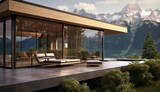 glass house with patio and mountains view