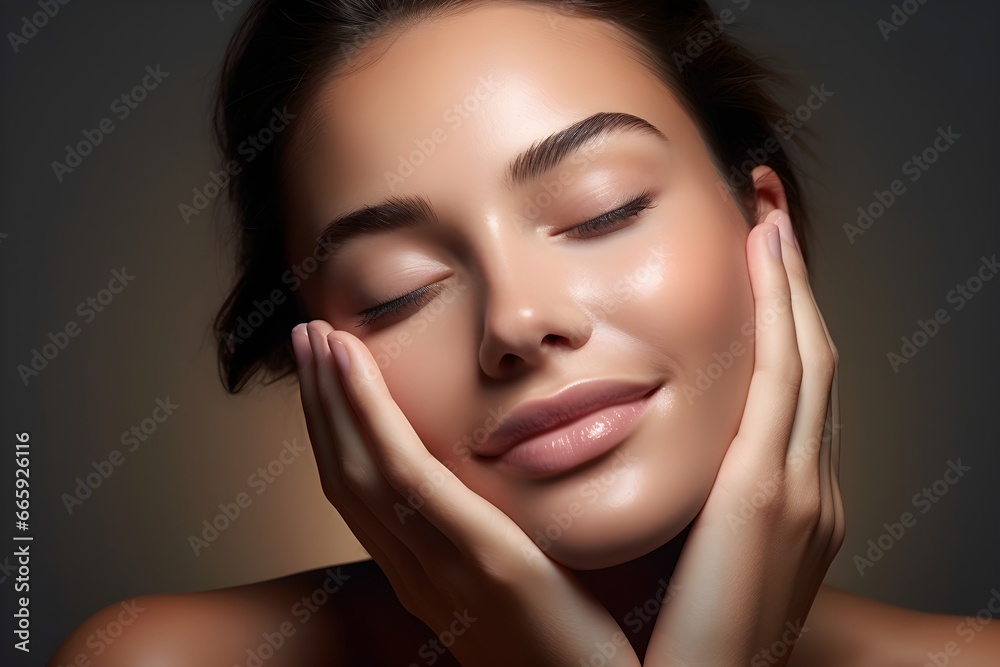 Beautiful brunette woman touching her face and smiling, beauty facial treatment clear skin radiant dermatology collagen anti ageing Beautiful brunette woman touching her face and smiling, beauty facial treatment clear skin radiant dermatology collagen anti ageing