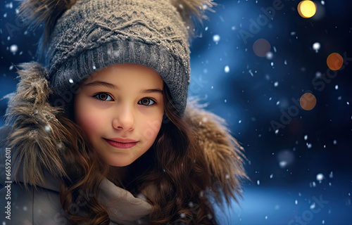 a young girl is looking up at the snow flakes in the winter