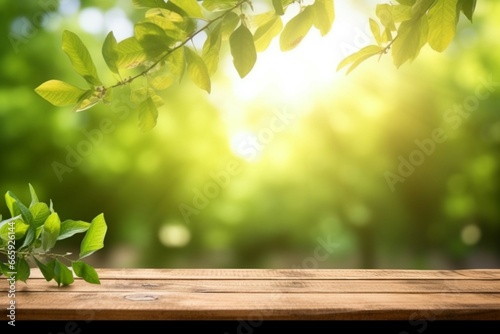 Spring beautiful background with green juicy young foliage and empty wooden table in nature outdoor, Natural template with Beauty bokeh and sunlight