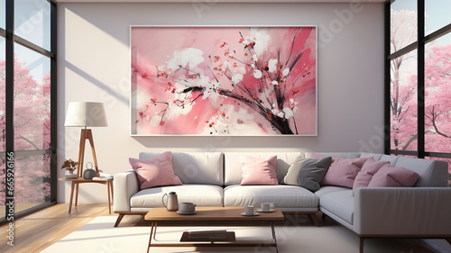 Pink-toned abstract art, cityscape with cherry blossoms, modern living room, interior with wood flooring, design floor lamp Generative AI