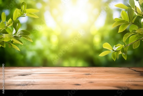 Spring beautiful background with green juicy young foliage and empty wooden table in nature outdoor  Natural template with Beauty bokeh and sunlight
