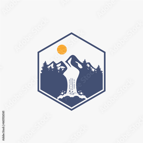 waterfall under the mountain logo icon design silhouette