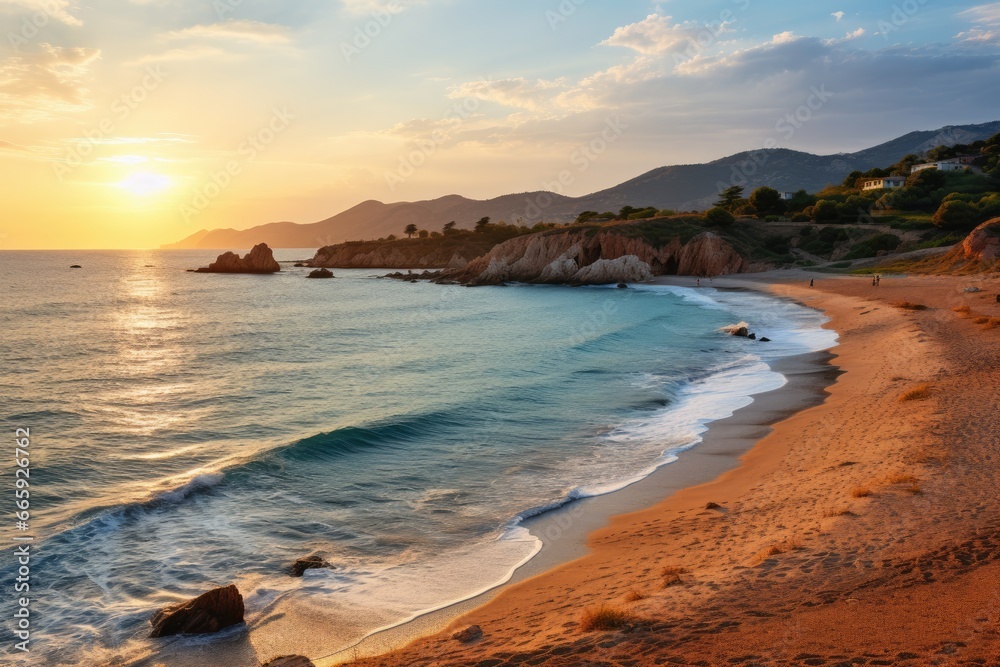 Sunset on the beach of Cala Figuera, Sardinia, Kaputas beach. People enjoy sun and sea at the beautiful turquoise sea and sandy beach of Kaputaş. Sunset over the sea in the background, AI Generated Sunset on the beach of Cala Figuera, Sardinia, Kaputas beach. People enjoy sun and sea at the beautiful turquoise sea and sandy beach of Kaputaş. Sunset over the sea in the background, AI Generated