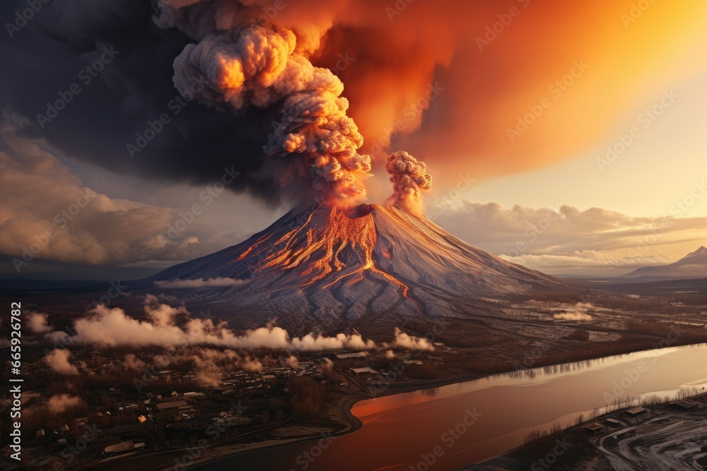 Volcanic eruption at sunset, 3d render of volcanic eruption, Karimskiy volcano. Volcanic eruption in Kamchatka, ash flow and destroyed, AI Generated