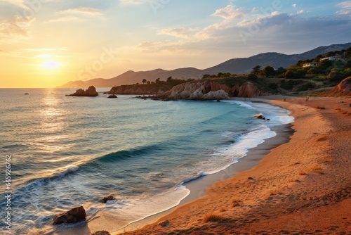 Sunset on the beach of Cala Figuera, Sardinia, Kaputas beach. People enjoy sun and sea at the beautiful turquoise sea and sandy beach of Kaputaş. Sunset over the sea in the background, AI Generated