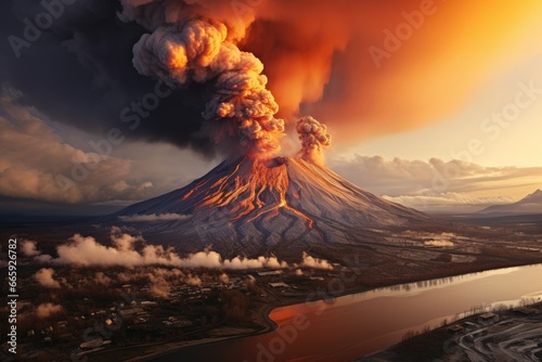 Volcanic eruption at sunset  3d render of volcanic eruption  Karimskiy volcano. Volcanic eruption in Kamchatka  ash flow and destroyed  AI Generated