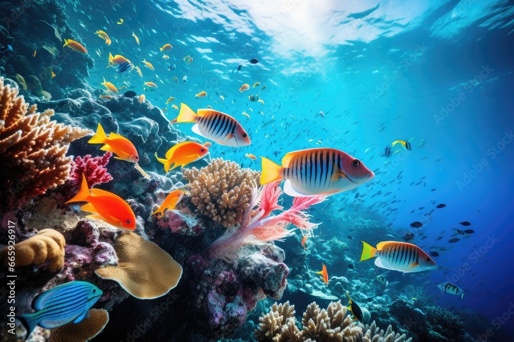 Tropical fish and coral reef in the Red Sea. Egypt, Large school of fish on a tropical coral reef in the Red Sea, AI Generated - obrazy, fototapety, plakaty 