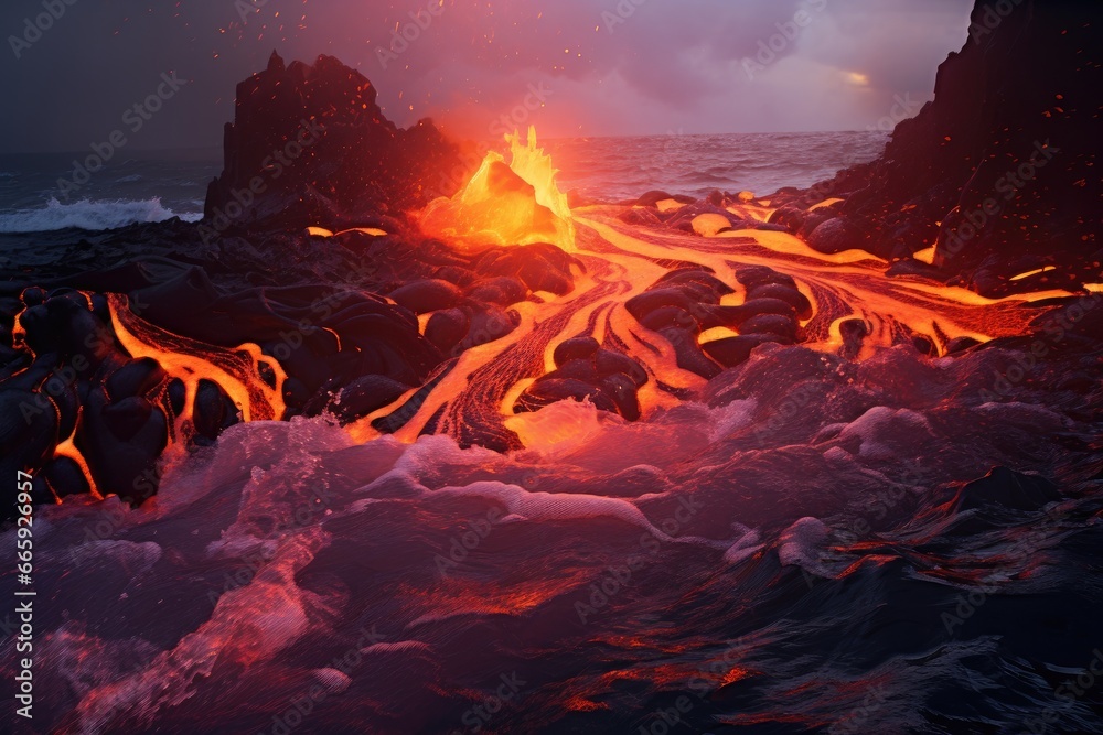 3D illustration of a lava flow flowing into the sea at sunset, Lava is entering the ocean with many small flows, AI Generated