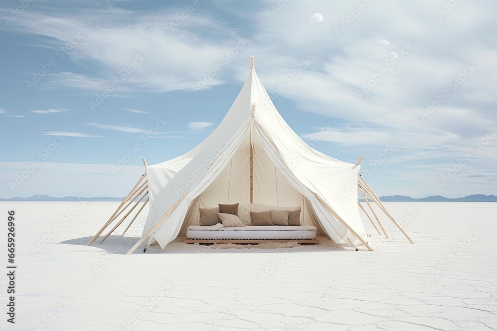 Tent on the salt flat of Salar de Uyuni, Bolivia, light white and wood tent in the white desert, AI Generated
