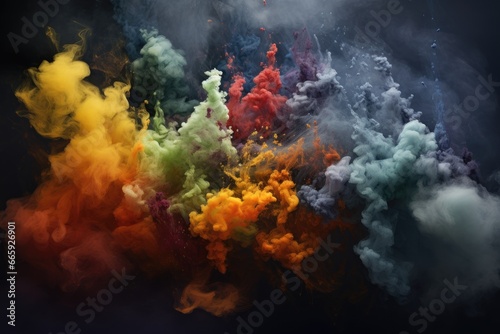 Colorful cloud of smoke on a black background. Abstract background, large amount of smoke is taken with many options available in various graphic, AI Generated