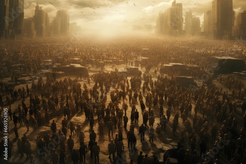 3D rendering of a crowd of people in a foggy city, Large crowd symbolizing overpopulation, AI Generated