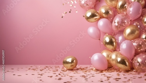 Shiny pink and golden balloons on pink soft background. Theme for christmas, wedding, birthday, woman's day, mothers day, valentine's day.