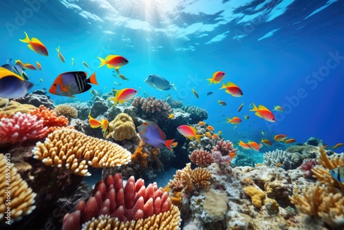 Coral reef and fish in the Red Sea. Egypt, Africa, Large school of fish on a tropical coral reef in the Red Sea, AI Generated