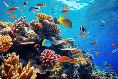 Tropical fish and coral reef in the Red Sea. Egypt, Large school of fish on a tropical coral reef in the Red Sea, AI Generated © Iftikhar alam